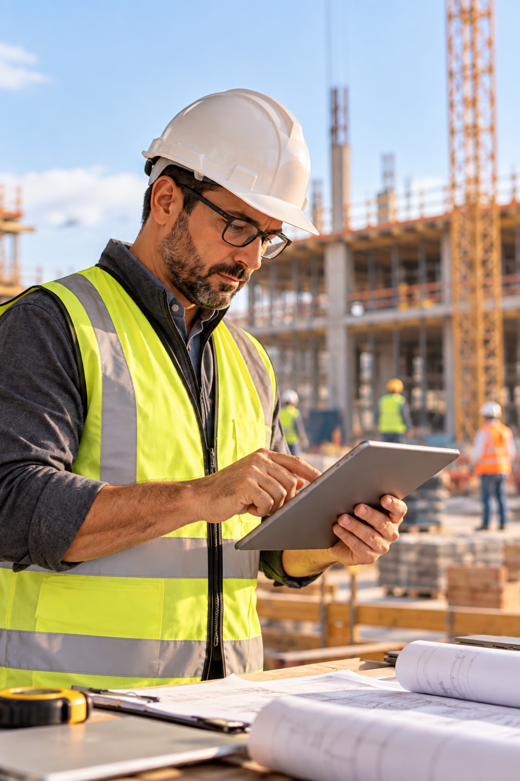 A site supervisor in a hard hat and safety vest reading a tablet on a building site