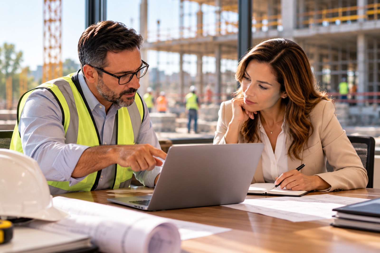 A site manager in a safety vest and an adviser reviewing figures at a laptop