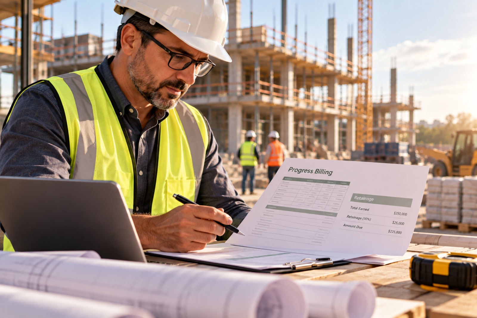 A site supervisor in a hard hat reviewing a progress billing on a building site