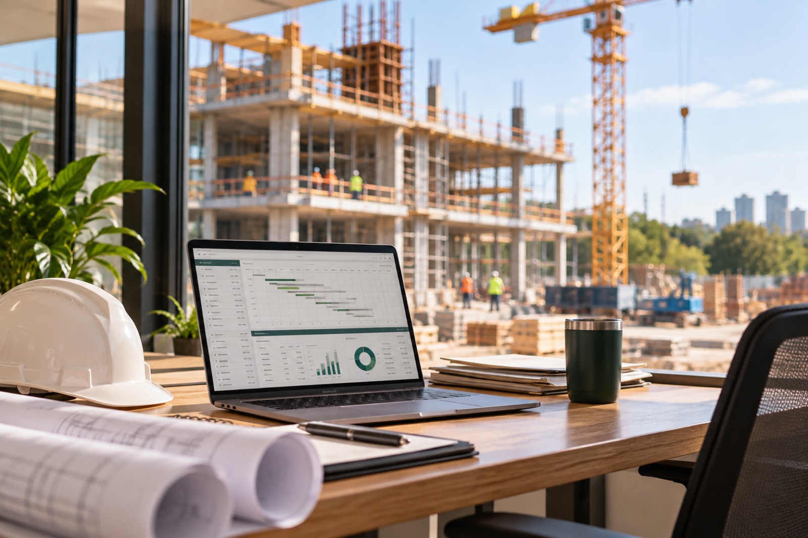 A laptop showing a progress chart beside drawings and a hard hat, a building site through the window