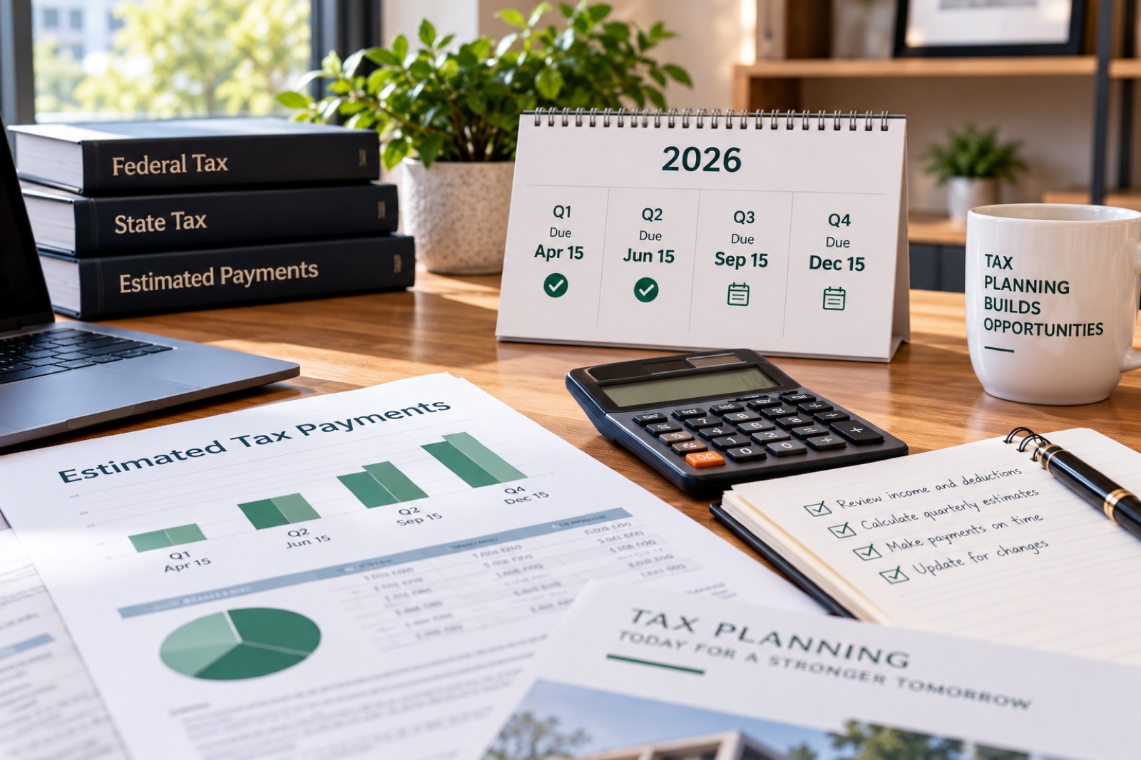 A desk with an estimated tax payments sheet, a quarterly calendar and planning notes