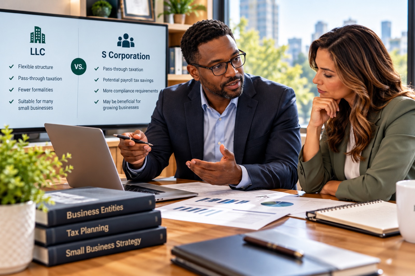 An adviser comparing an LLC and an S corporation on a screen with a client