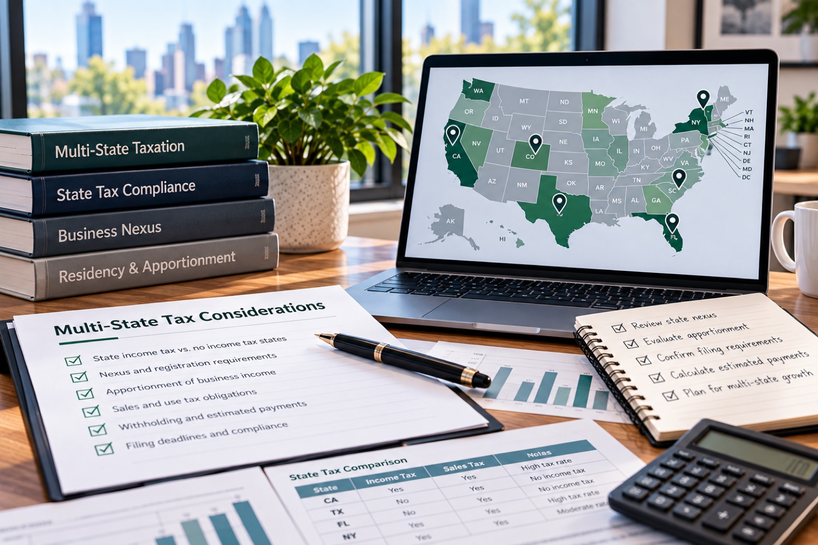 A laptop showing a map of the United States beside books on multi-state taxation
