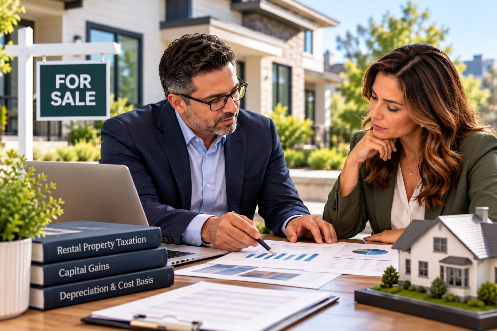An adviser and a woman reviewing papers outside a house with a For Sale sign