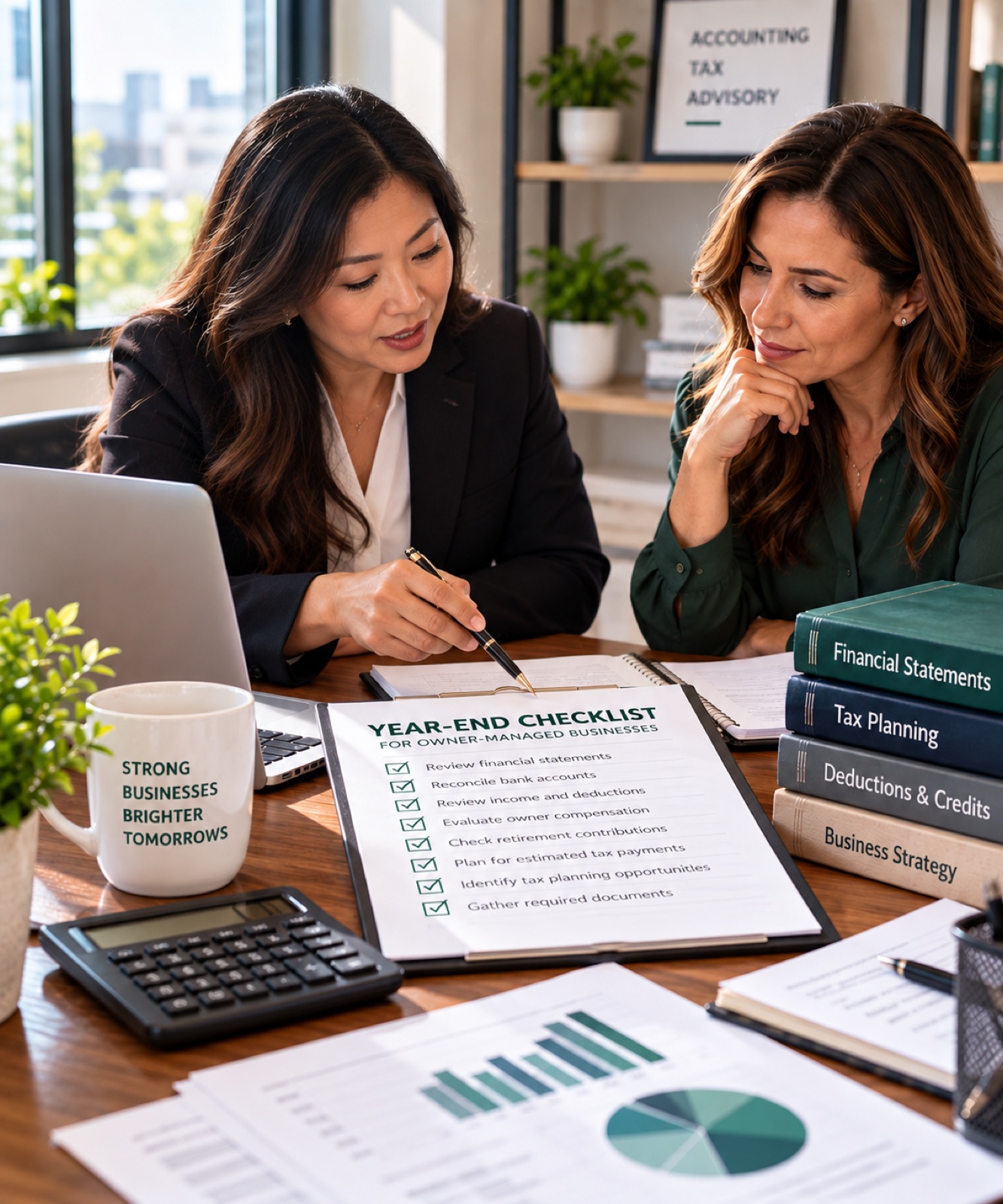 Two women reviewing papers at a desk under an Accounting, Tax, Advisory sign