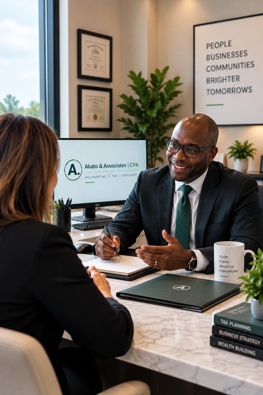 An adviser in a dark suit and green tie talking with a client across a desk
