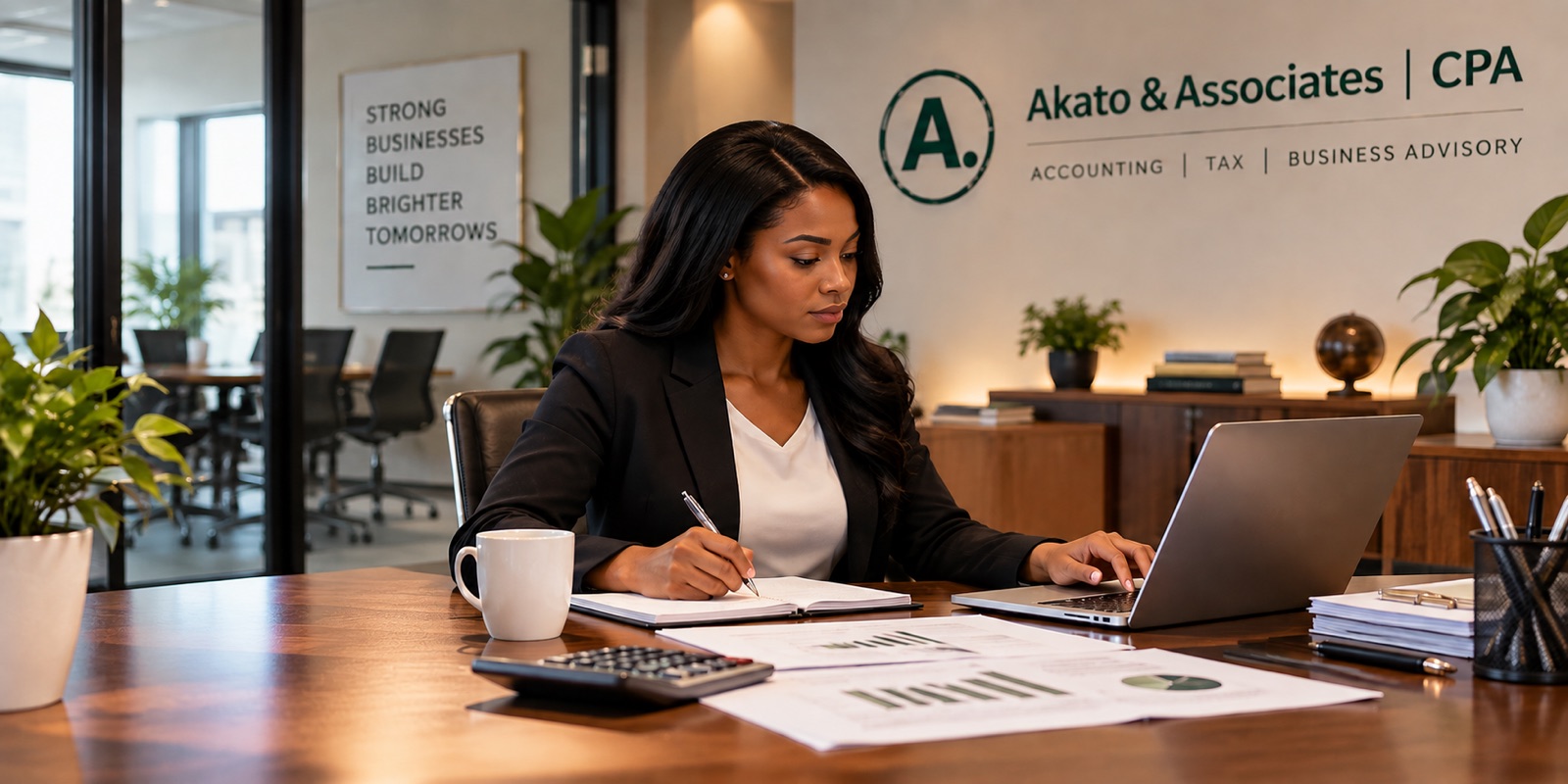 A woman taking notes at a desk beside a laptop and printed charts, the firm's name on the wall behind her