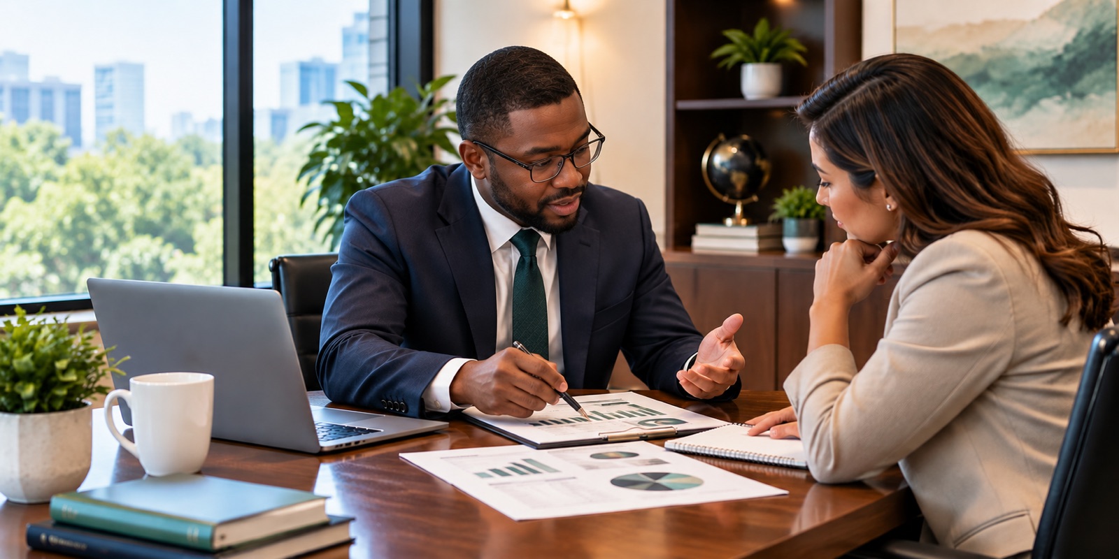 An adviser explaining printed charts to a client across a desk