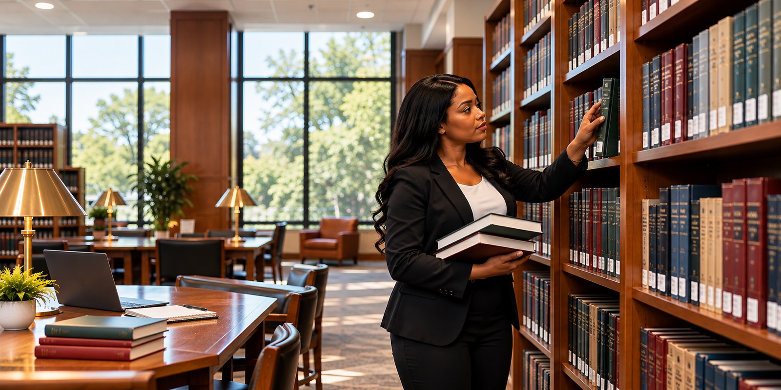 A woman taking a book from the shelves of a library with tall windows and reading lamps