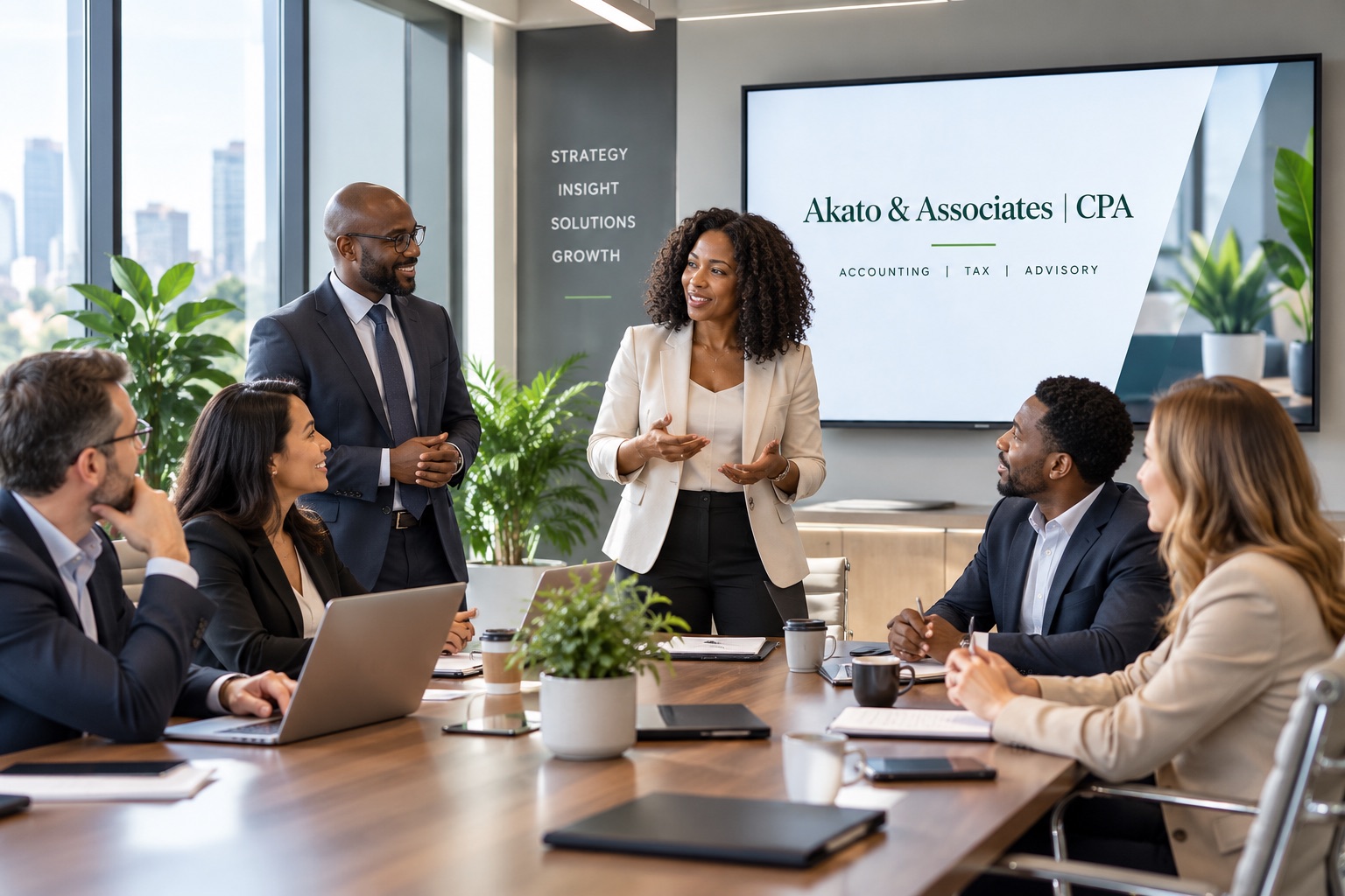 Six colleagues around a boardroom table, the firm's name on the screen behind them
