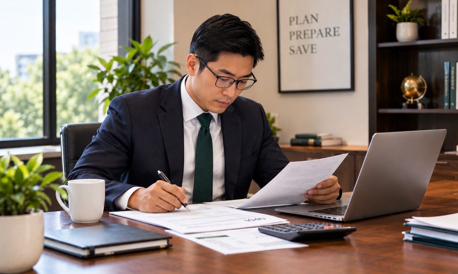 A man in glasses reading a document at his desk, a framed sign behind him reading Plan, Prepare, Save