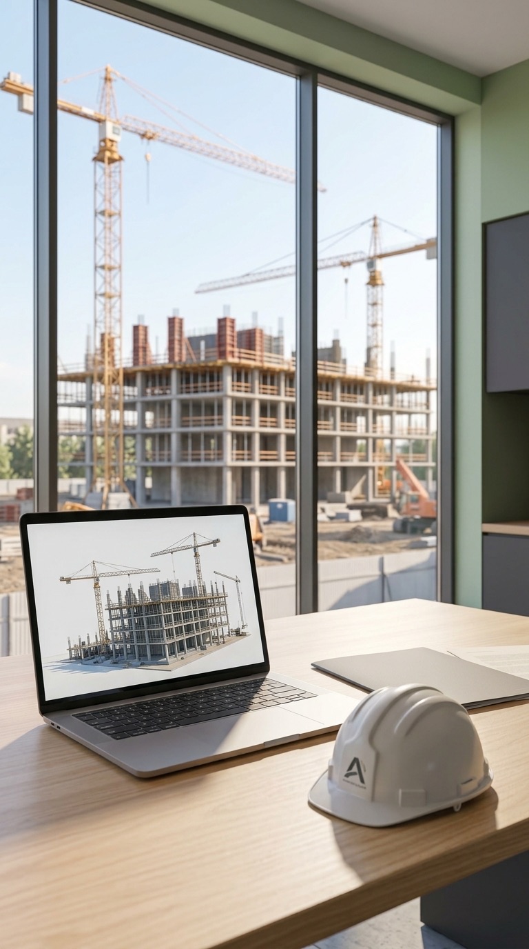A laptop showing a building under construction beside a hard hat, cranes through the window