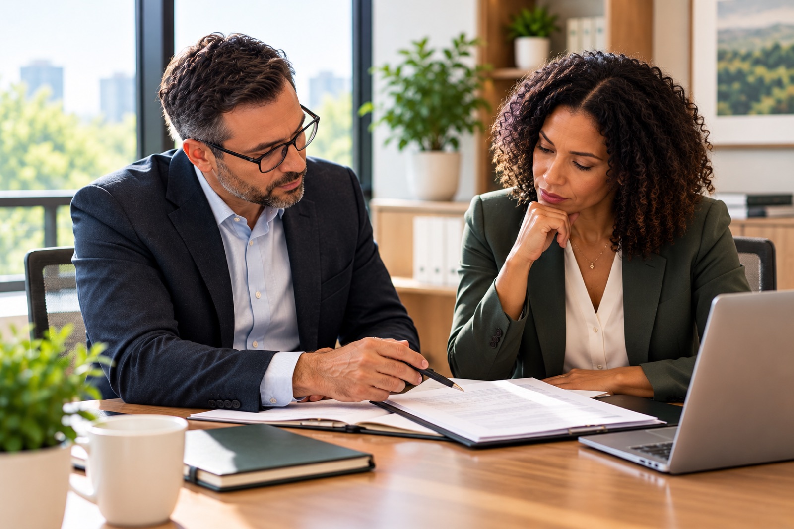 A man and a woman reviewing documents together at a laptop