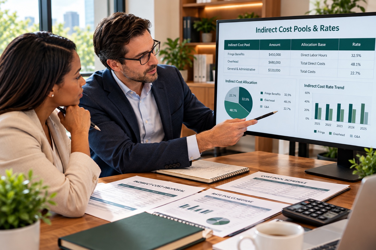 An adviser and a client discussing a screen of indirect cost rates