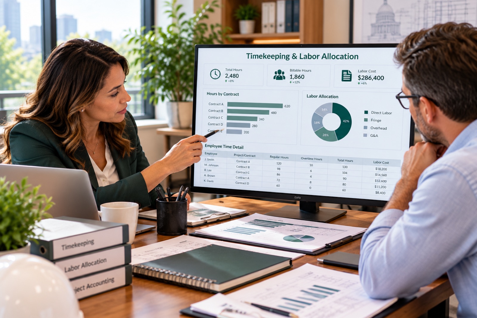 Two people discussing a timekeeping and labor allocation report on a screen