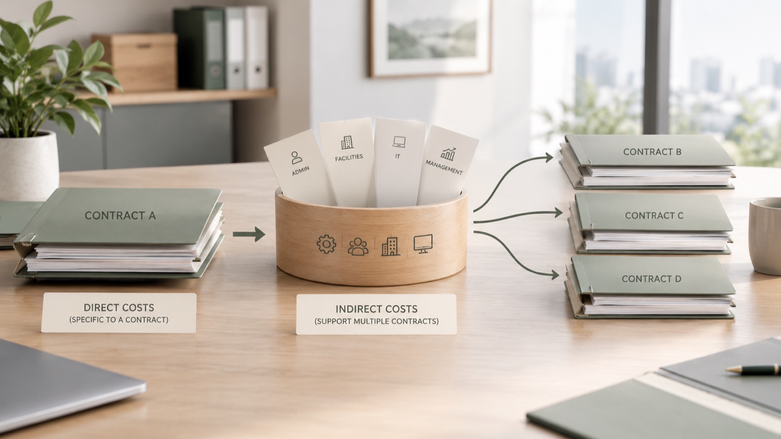 A diagram on a desk: one contract's direct costs, and indirect costs shared across three others