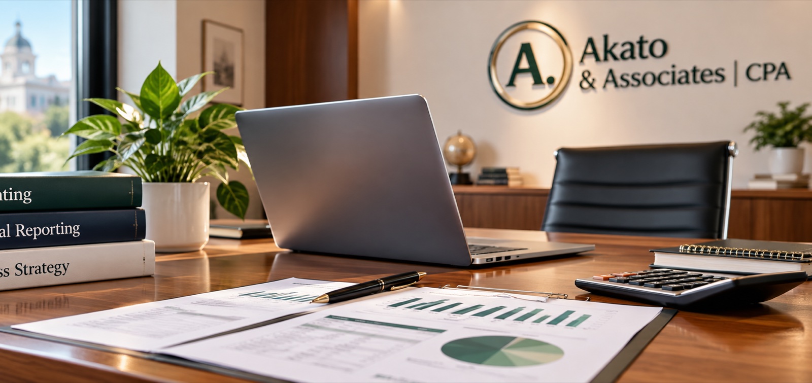 A desk with a laptop, financial reports and accounting books, the firm's name and monogram on the wall behind it