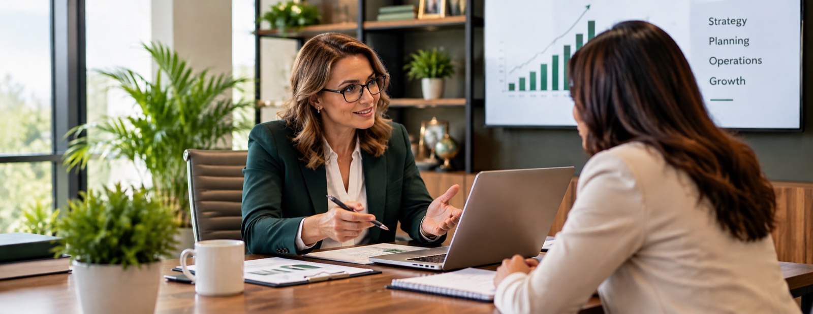 An adviser in a green jacket talking with a client across a desk, a growth chart on the screen behind her