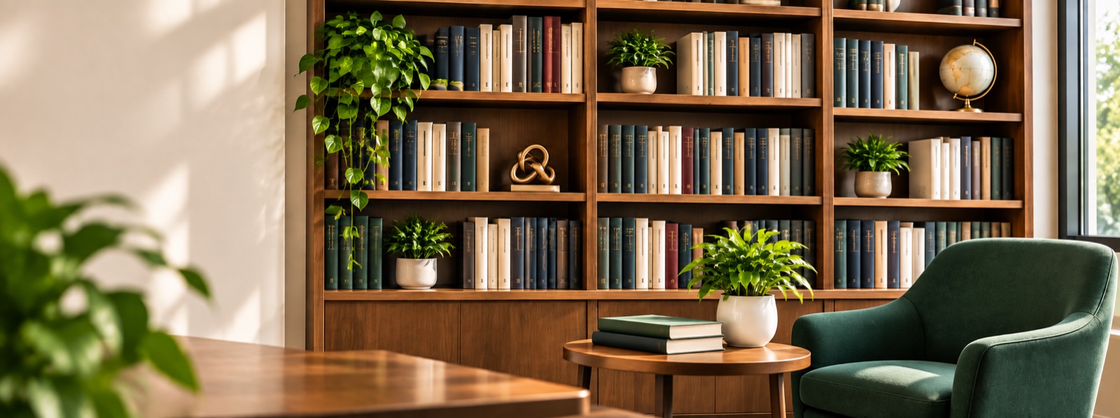 A sunlit bookcase of reference books beside a green armchair
