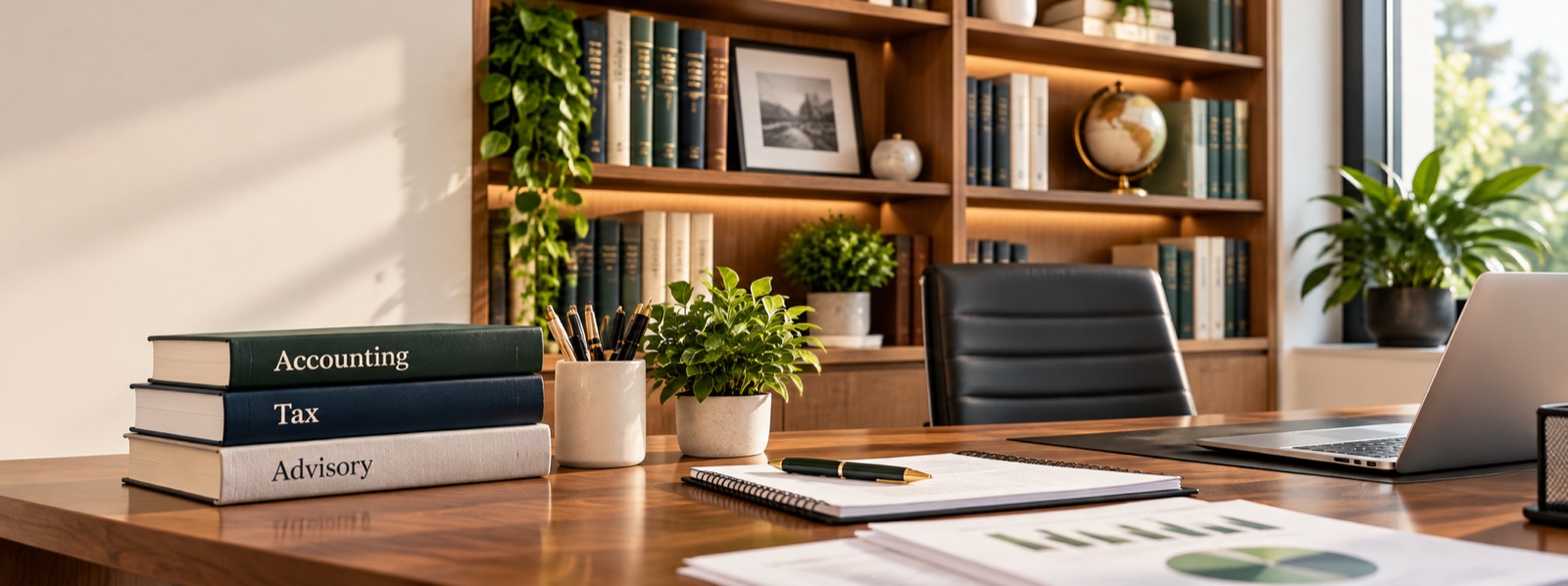 A desk with books labelled Accounting, Tax and Advisory, a bookcase and a laptop behind them