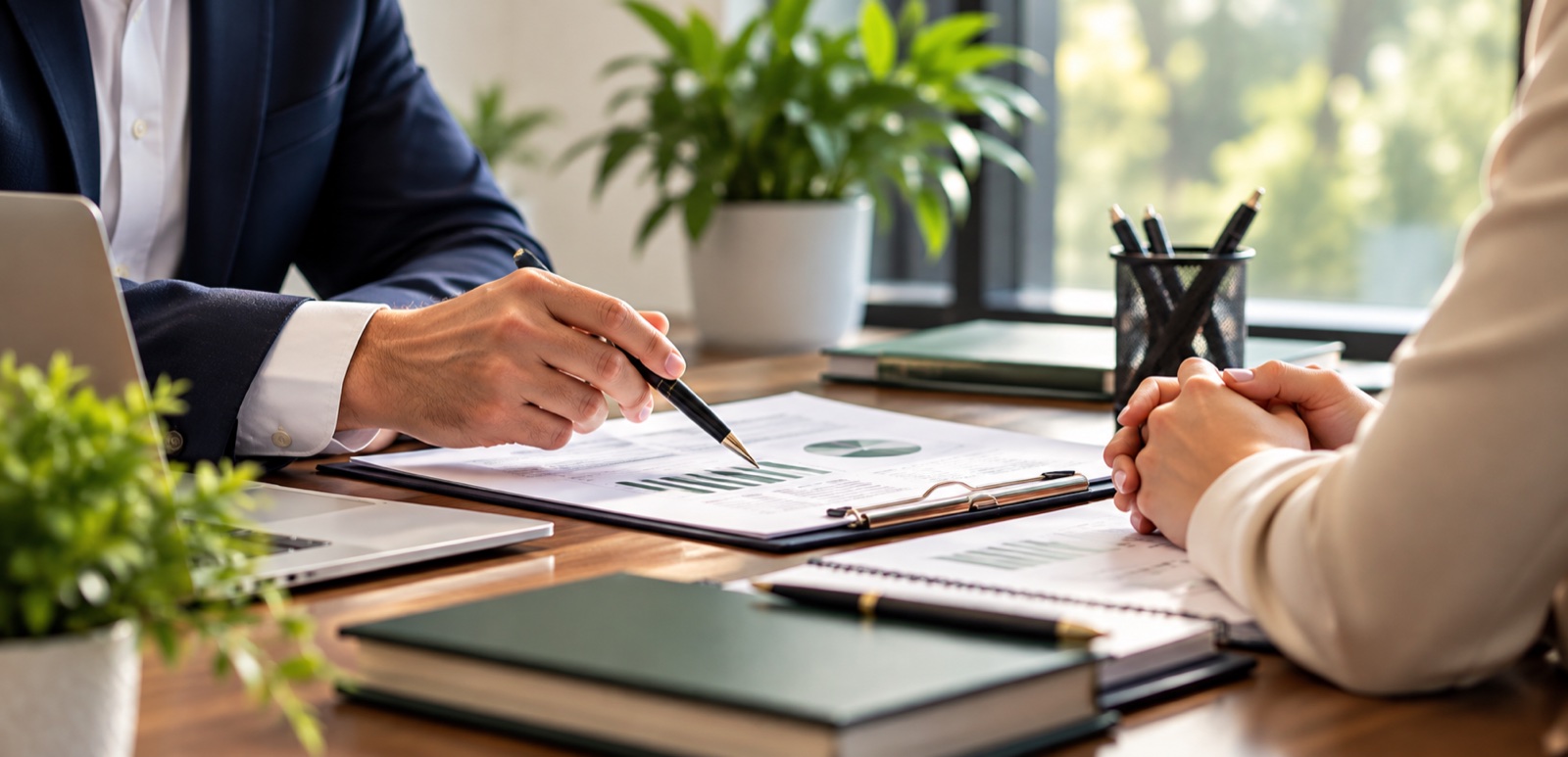 An adviser pointing a pen at a financial report while a client listens across the desk