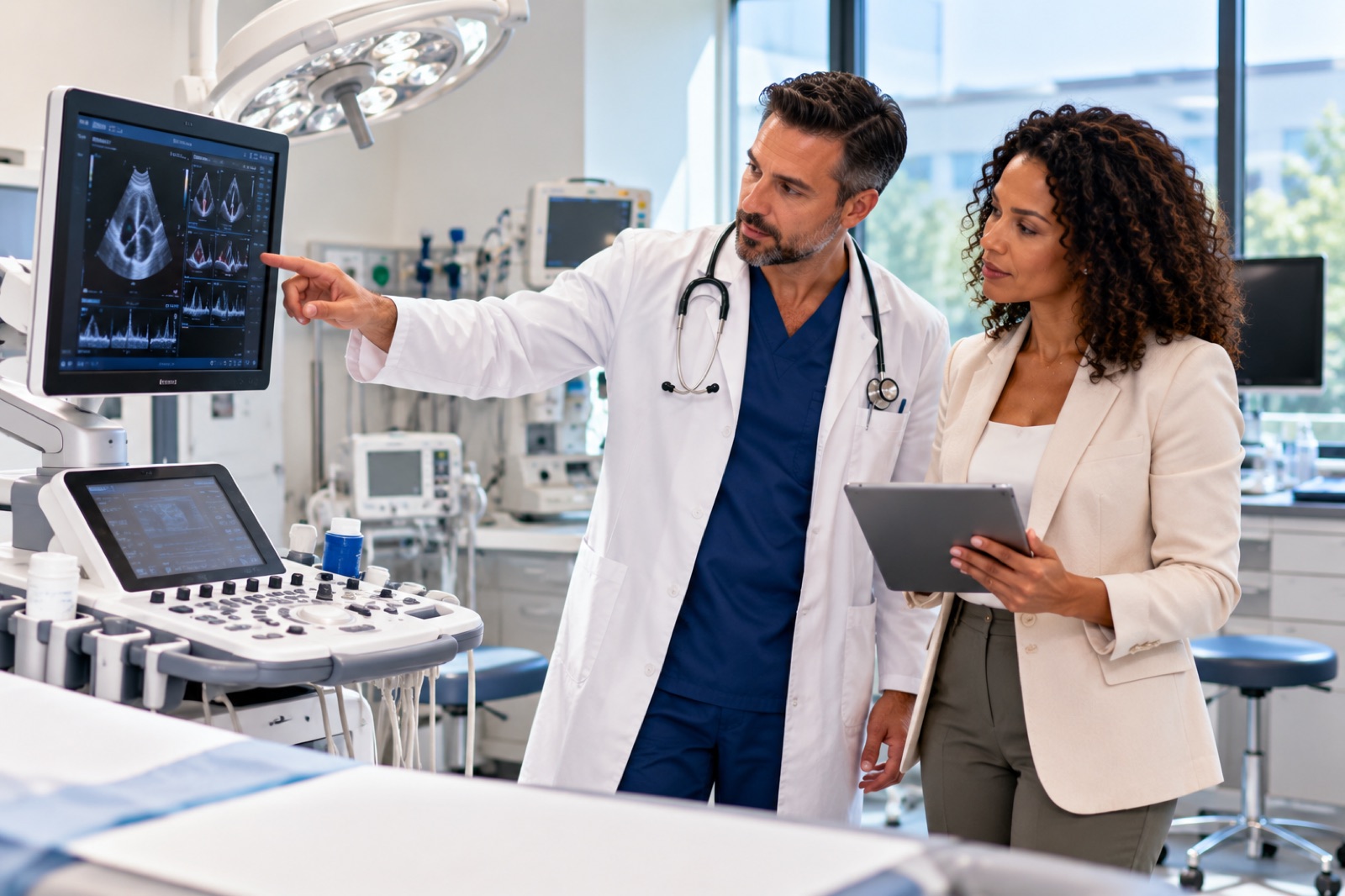 A physician and an adviser beside medical imaging equipment