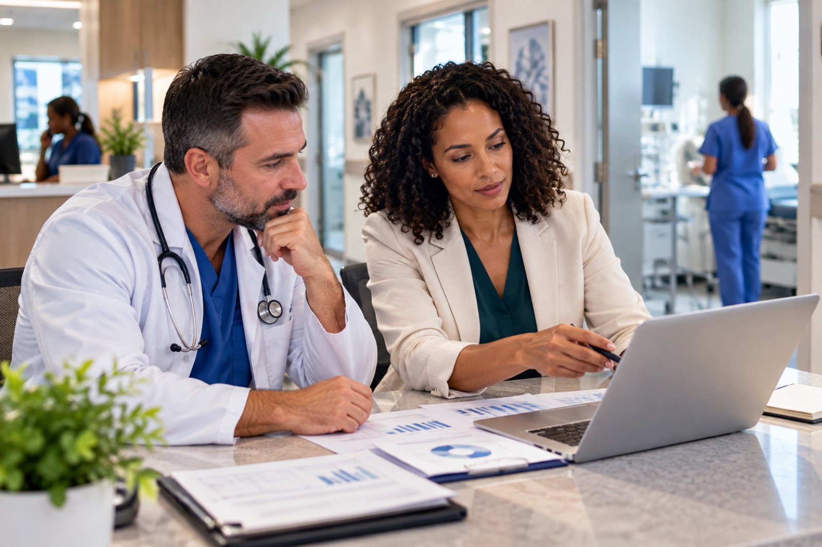 A physician and an adviser working at laptops in a medical office