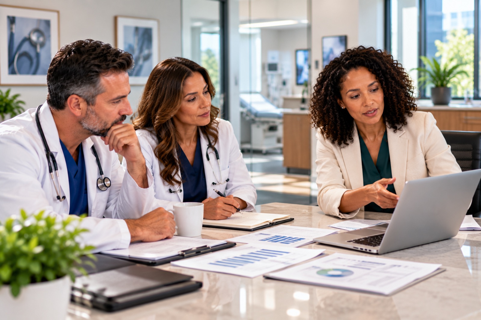 Two physicians and an adviser reviewing documents at a laptop in a medical office