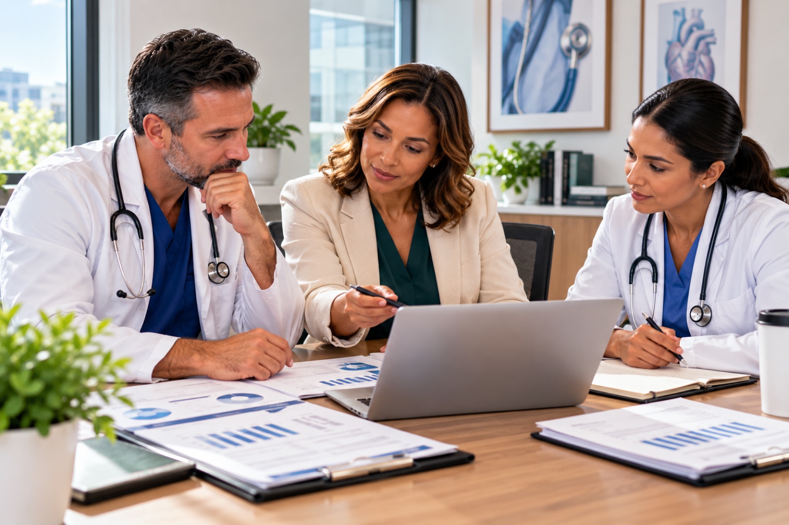 A physician, an adviser and a colleague reviewing figures together at a desk