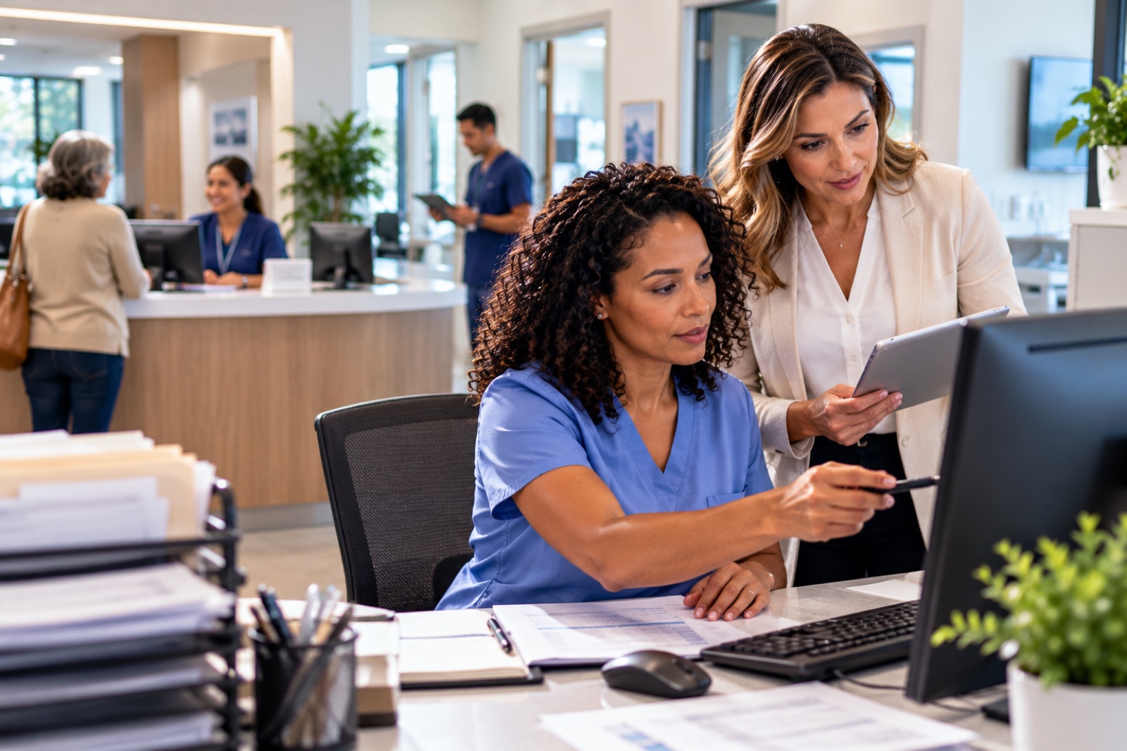 A clinician in scrubs and a colleague reviewing figures at a desk in a busy medical office