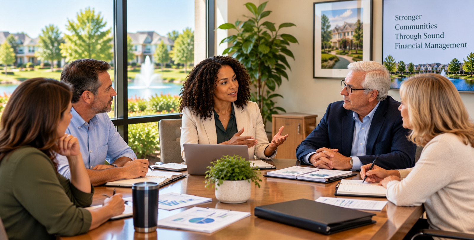 Board members around a table covered with papers, a residential community through the window