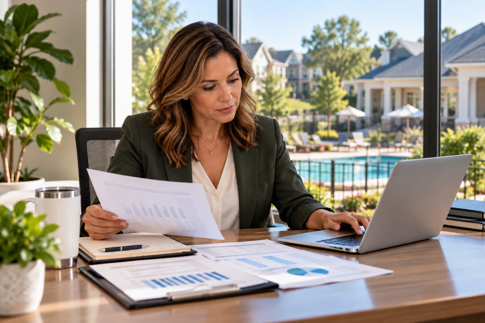A woman reviewing papers at a laptop, a community pool through the window