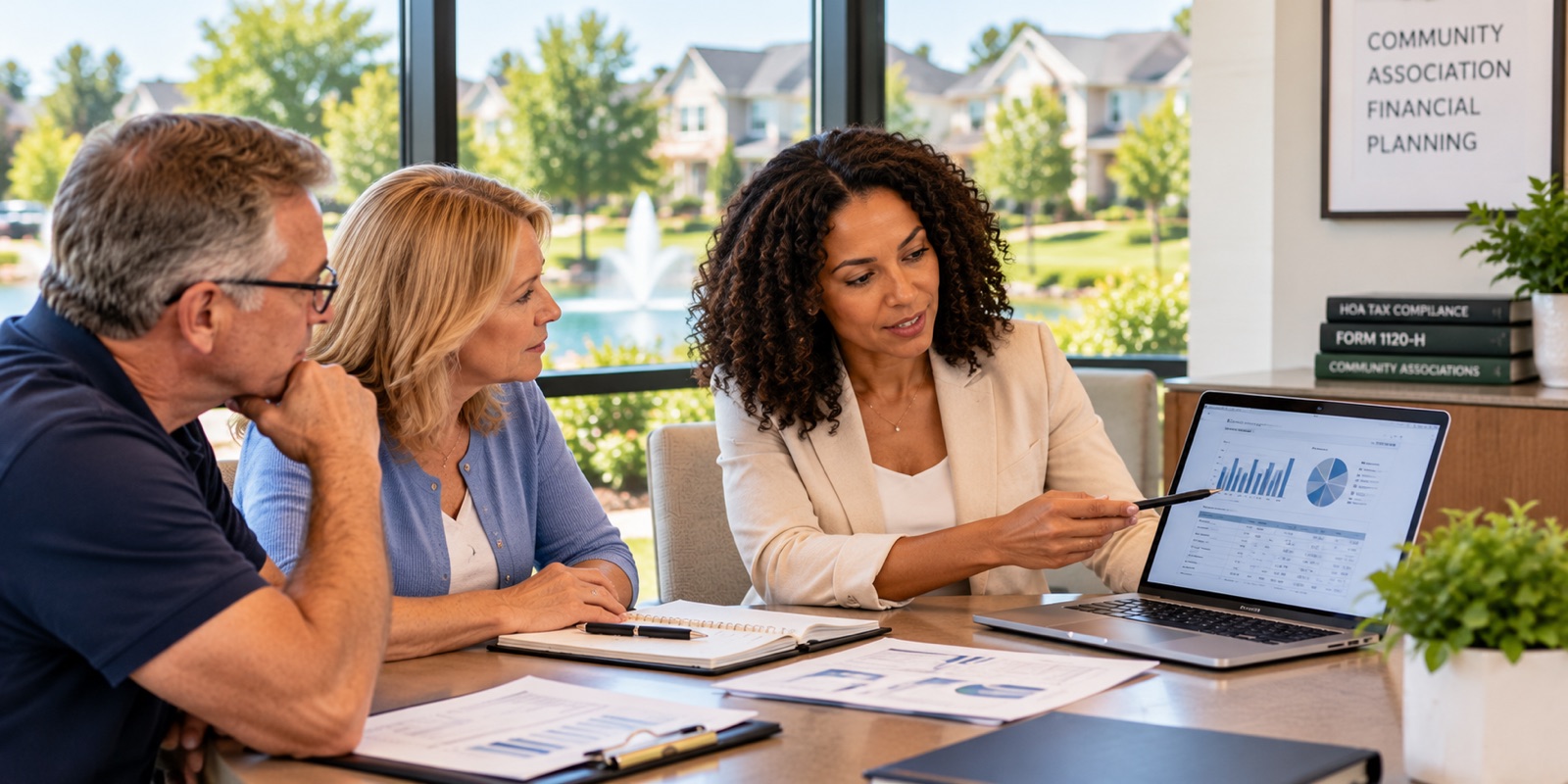 Three people going over papers at a table, a residential community through the window