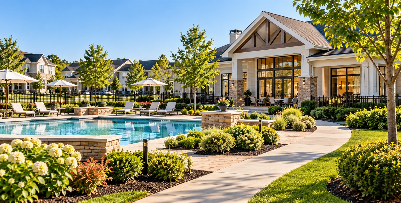 A community clubhouse with its pool and landscaped grounds