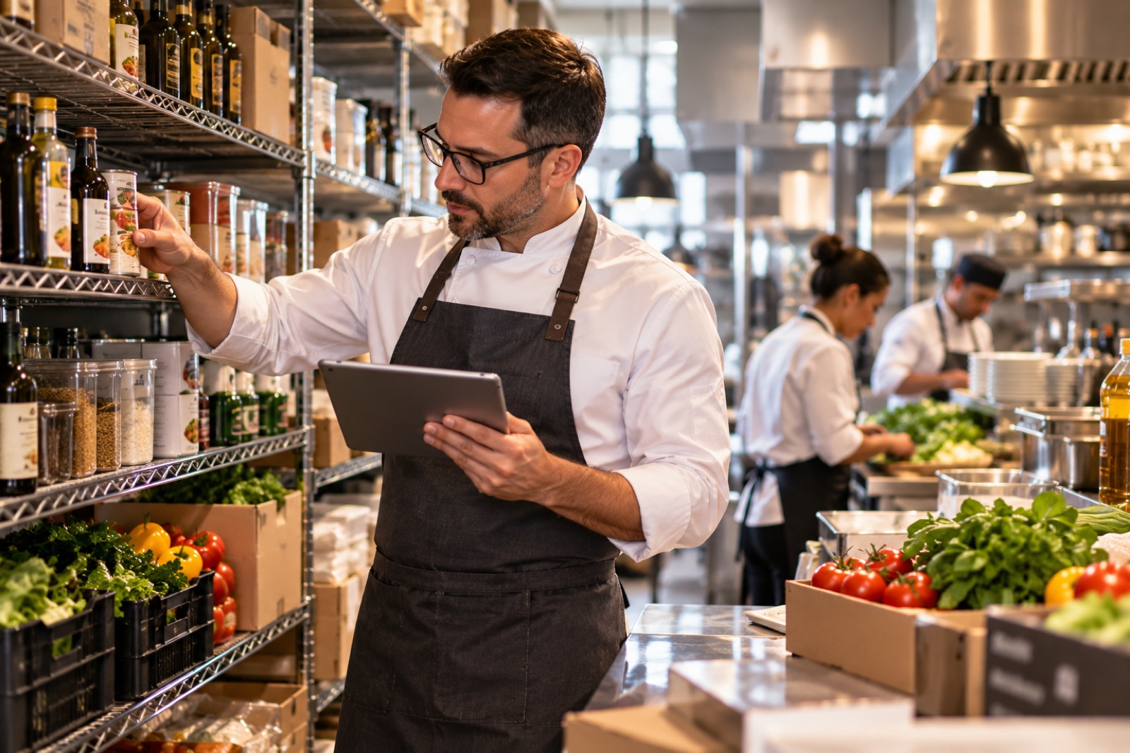 A chef checking stock with a tablet in a restaurant kitchen