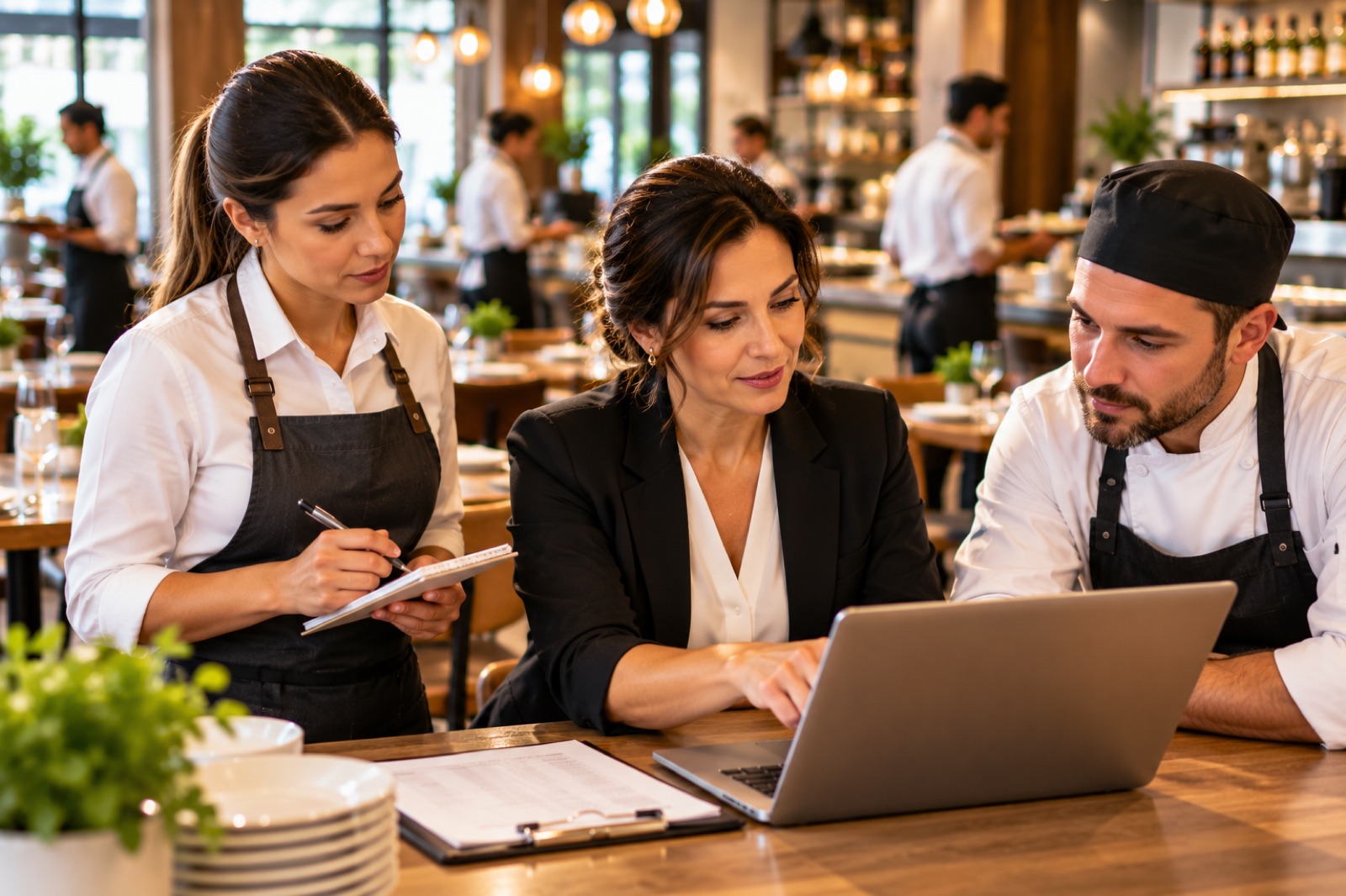 An adviser meeting two restaurant staff at a laptop in the dining room