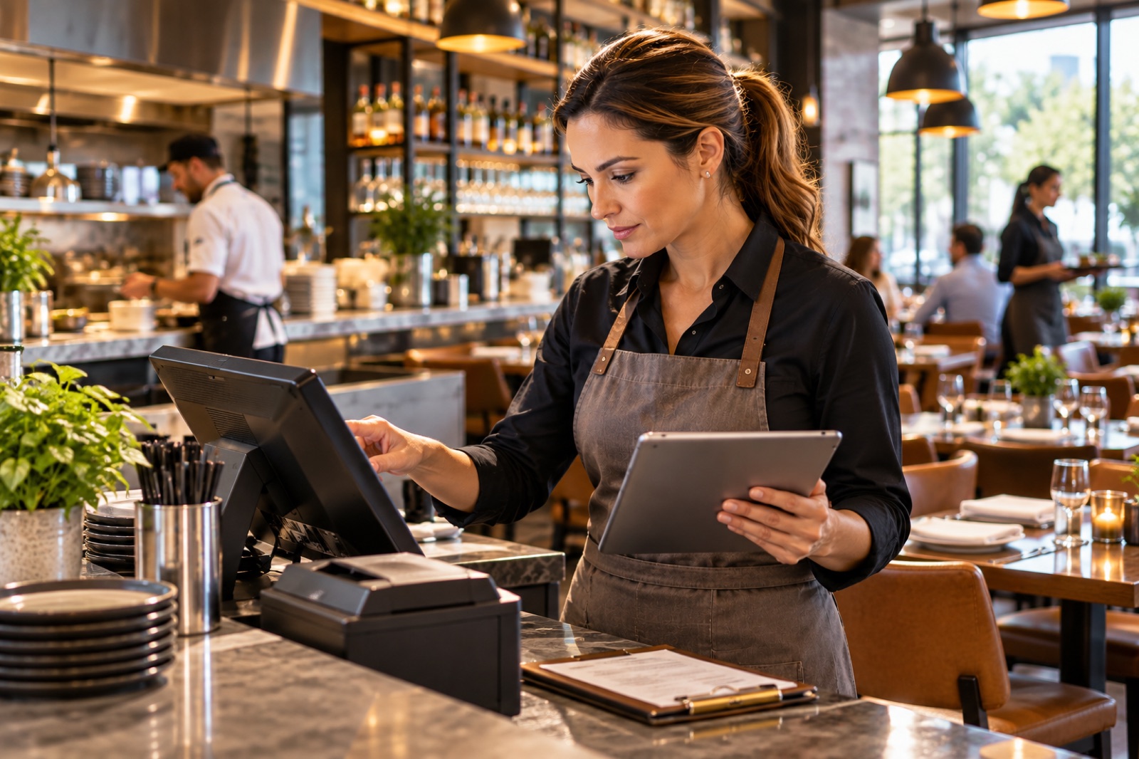 A restaurant manager checking a tablet at the point-of-sale counter