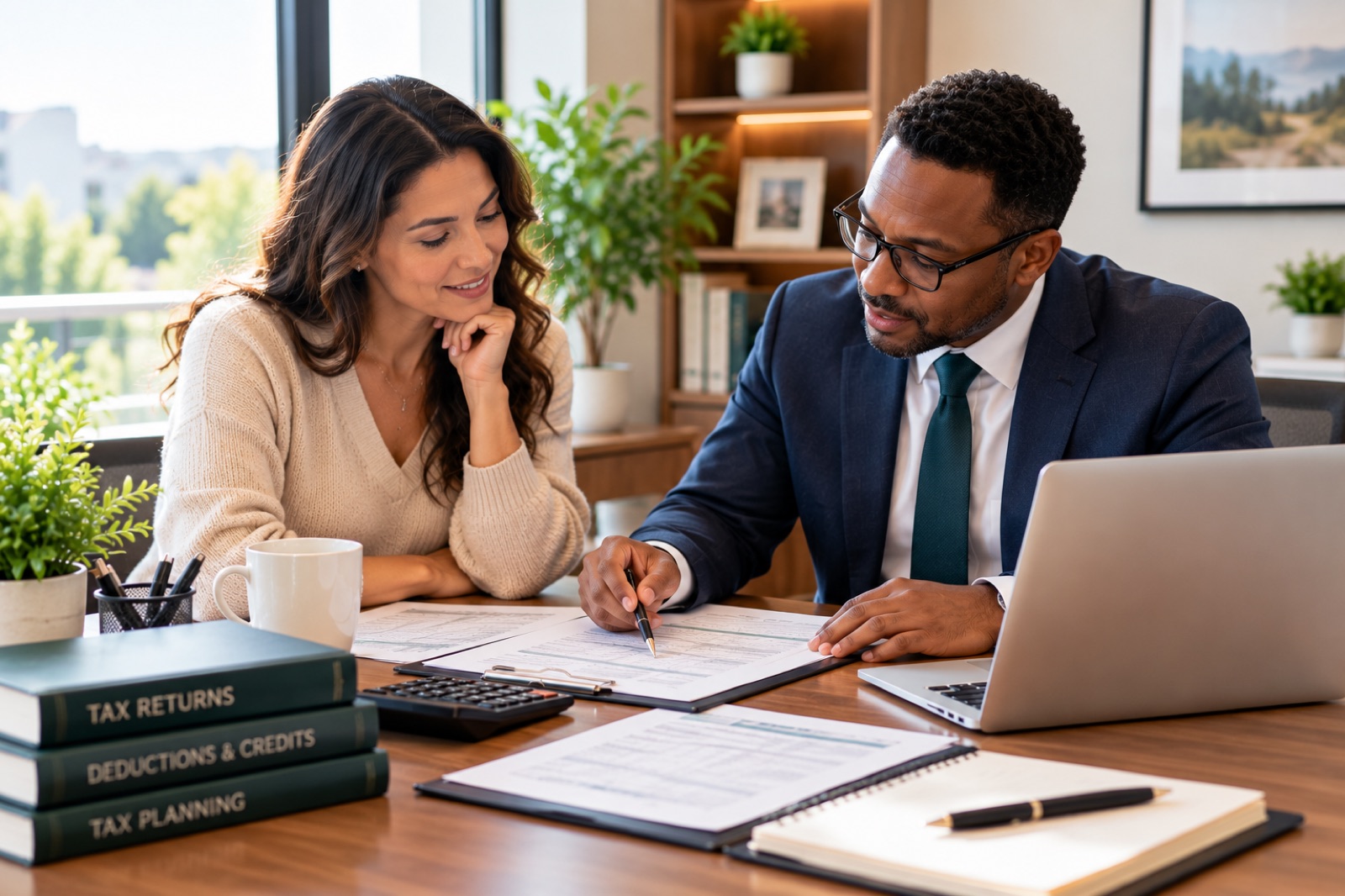 An adviser and a client going through tax papers at a desk