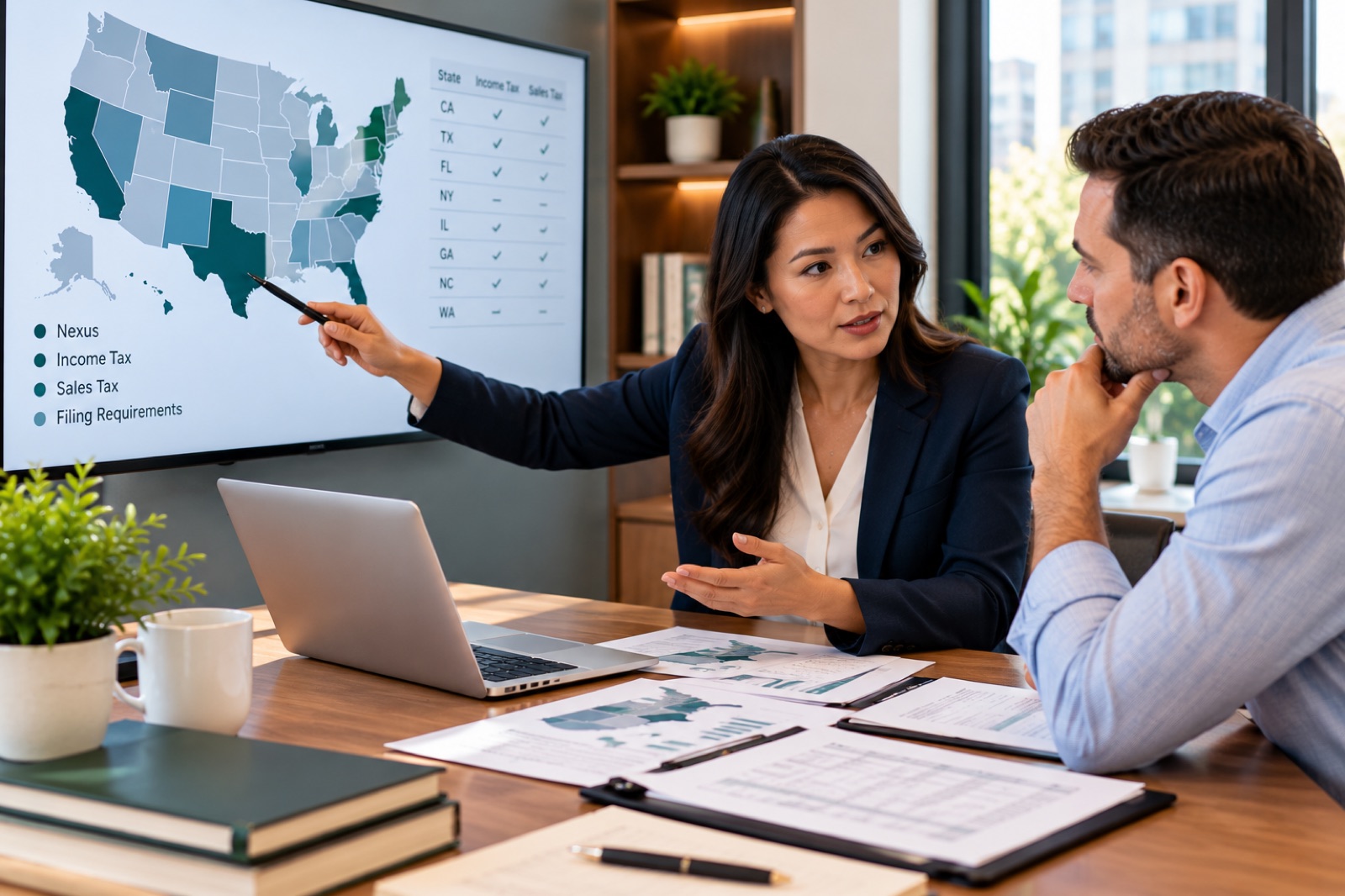 An adviser pointing at a map of the United States on a wall screen for a client