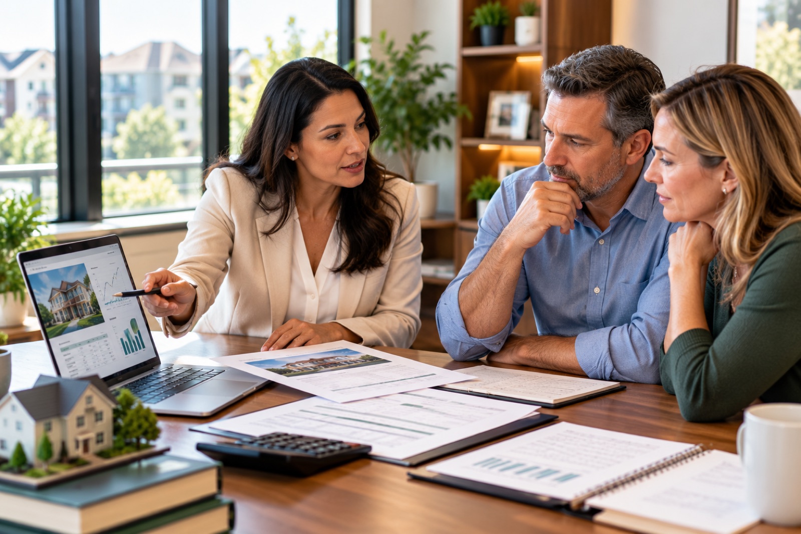 A couple reviewing papers with an adviser, a model house on the desk