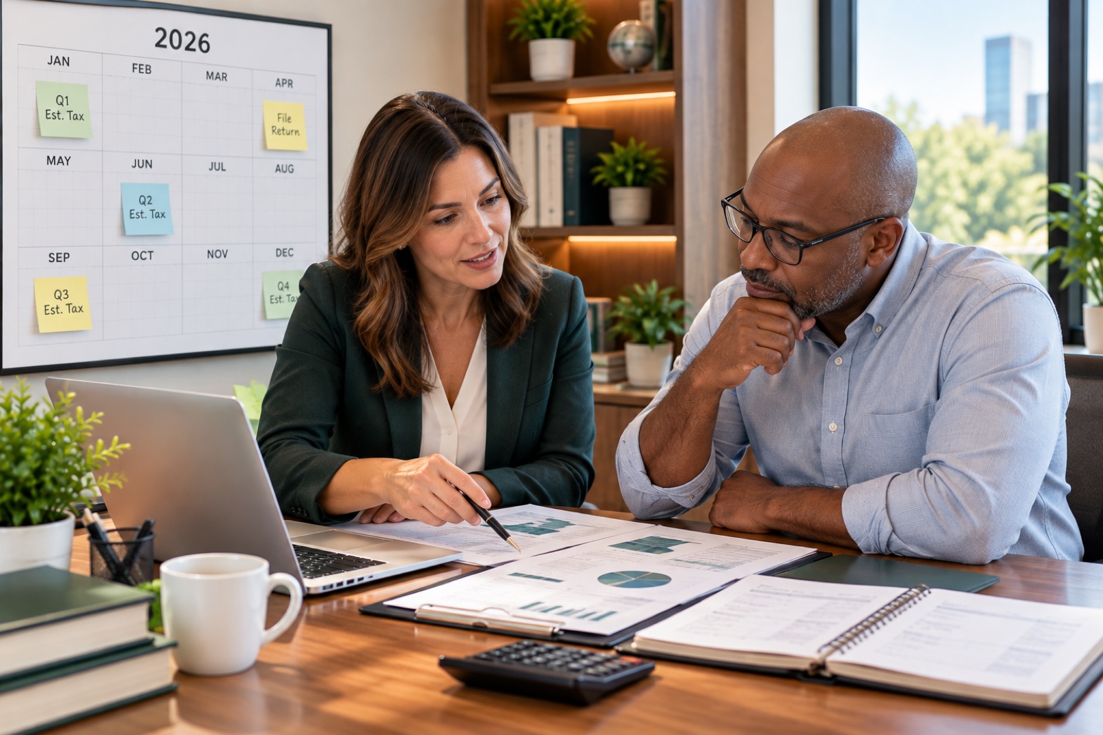 An adviser and a client at a desk, a year-planning calendar on the wall