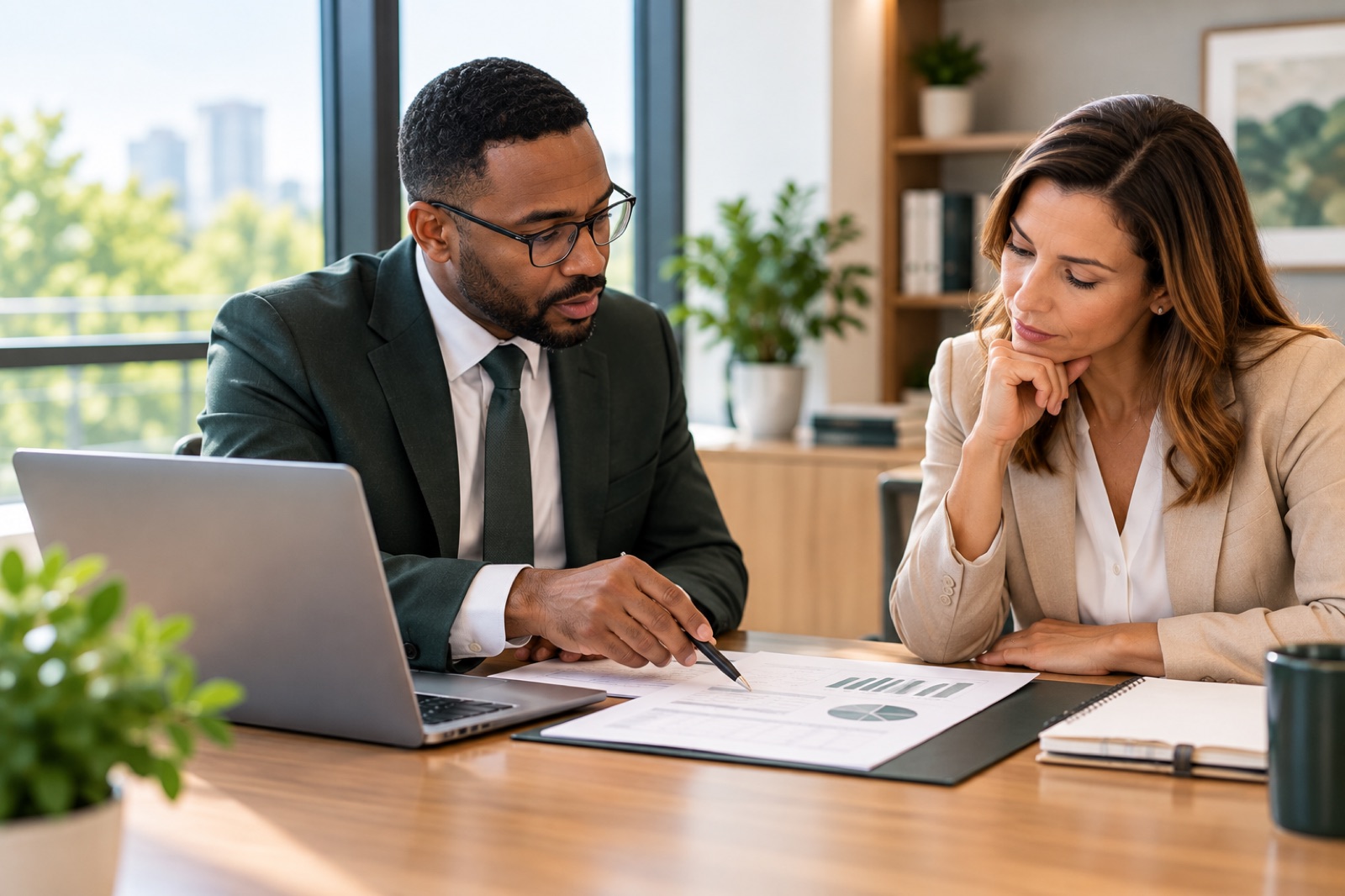 Two colleagues reviewing charts at a desk in an office overlooking the city