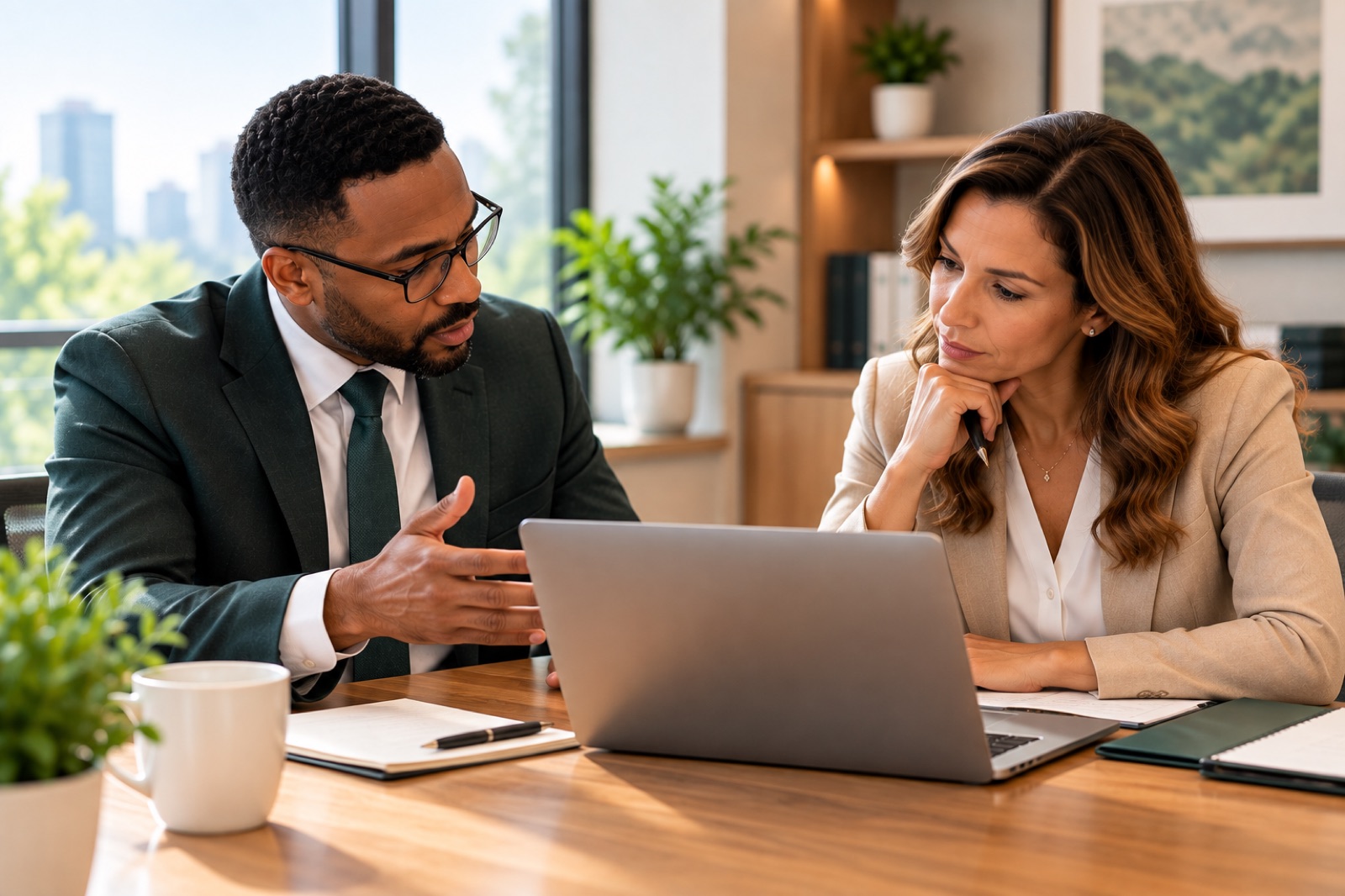 A man and a woman in discussion across a desk with a laptop