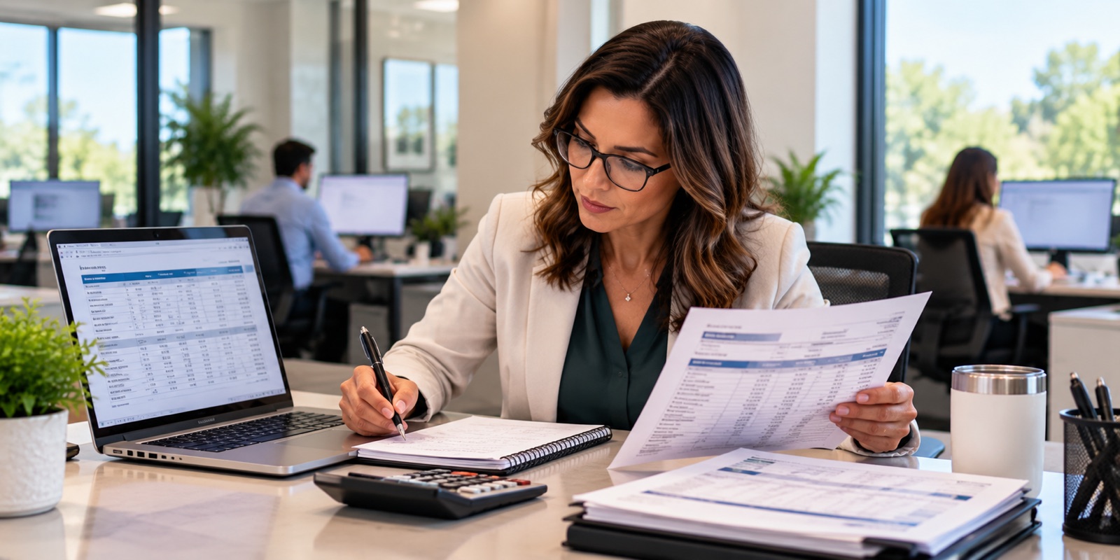 A woman comparing printed statements with the figures on her laptop