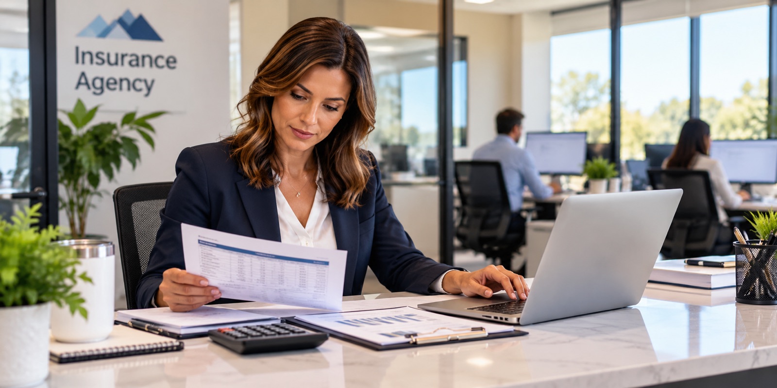 A woman reading a statement at her desk in an insurance agency
