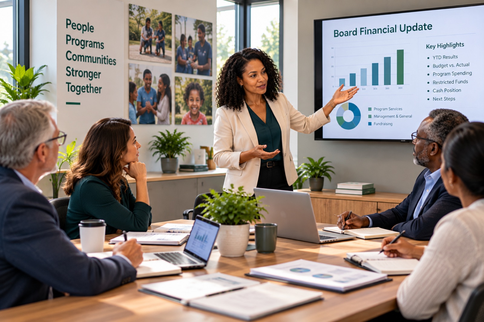 A board meeting before a screen showing a financial update