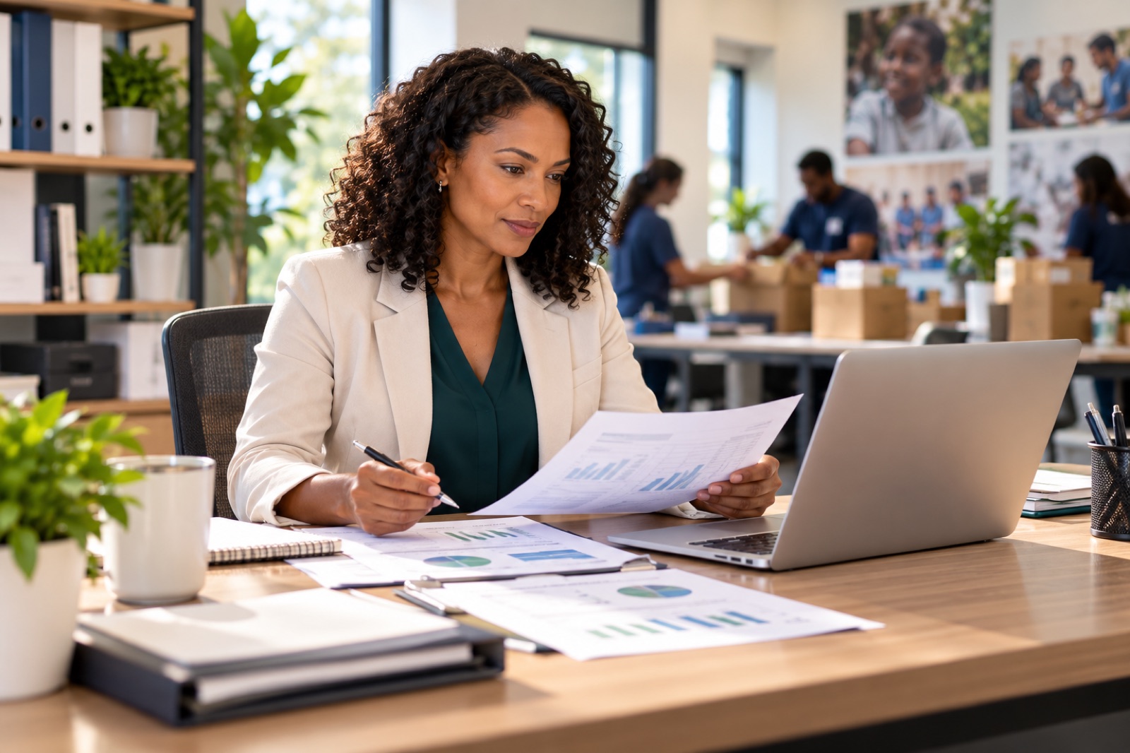 A woman reviewing papers at a laptop in a busy community organization's office