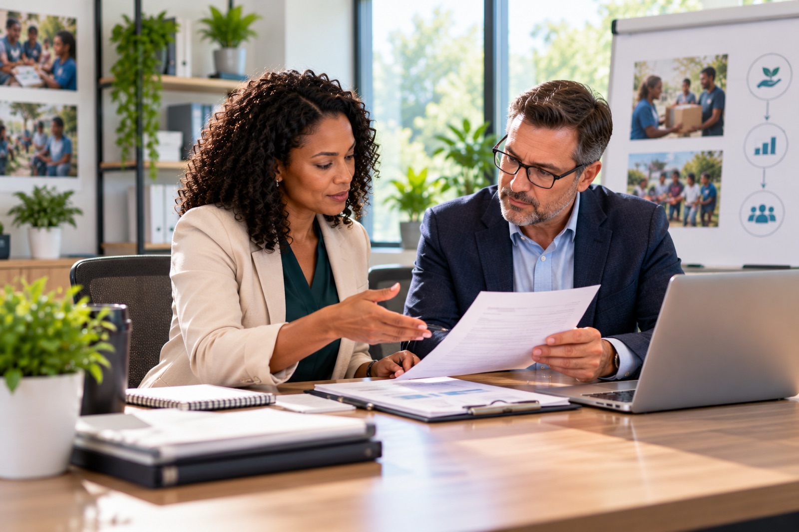 A woman and a man reviewing a document together at a laptop