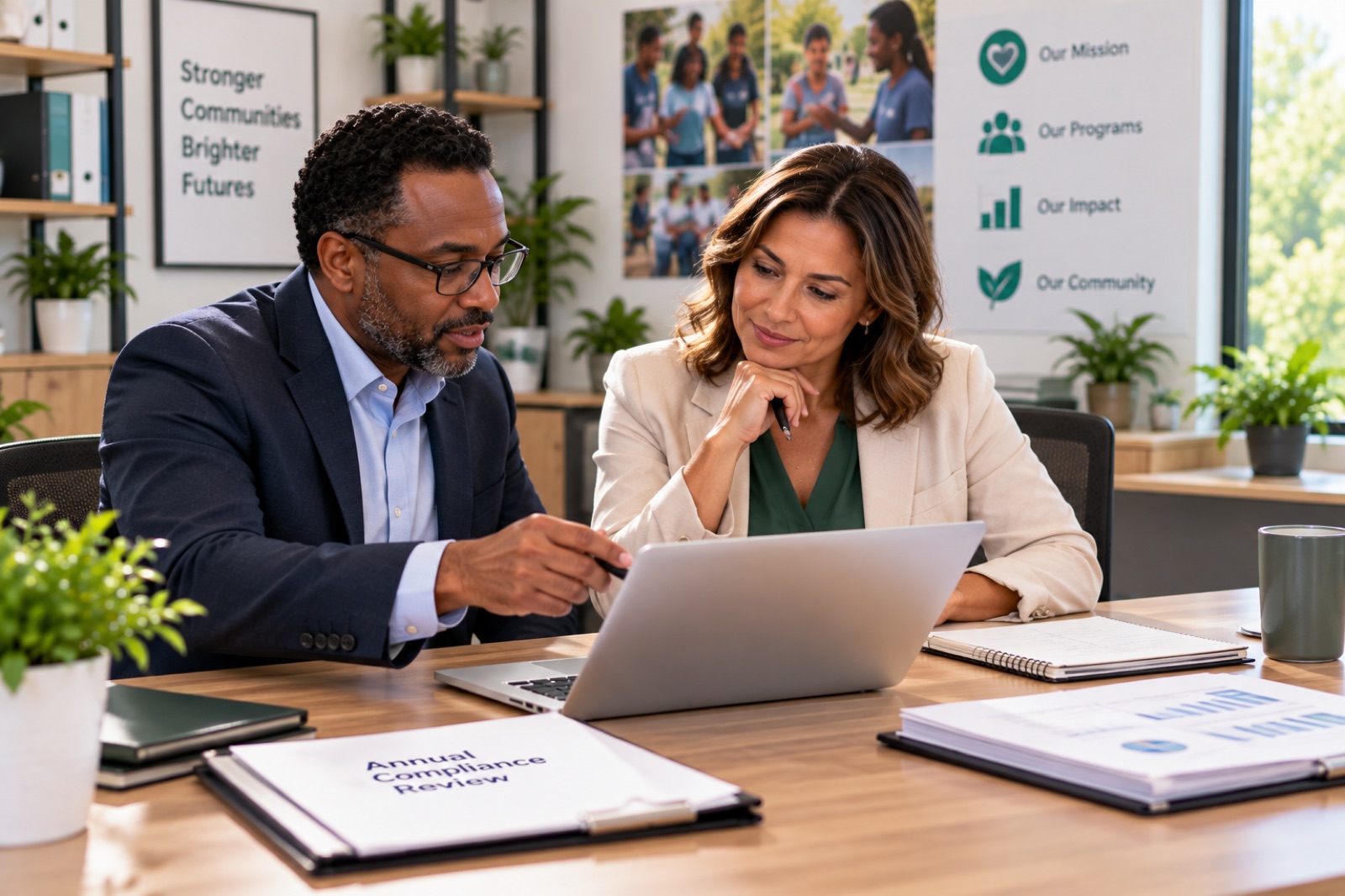 A man and a woman reviewing documents at a laptop in a community organization's office