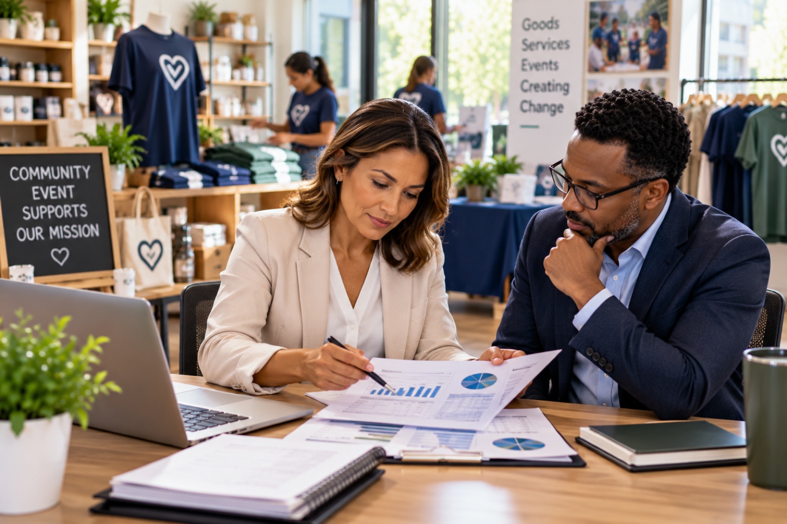 Two people reviewing documents in a community organization's office, its shop and posters behind them